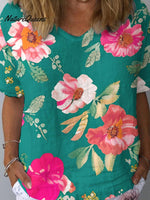 Women's Artistic Flower Pattern Cotton and Linen Short Sleeve Top