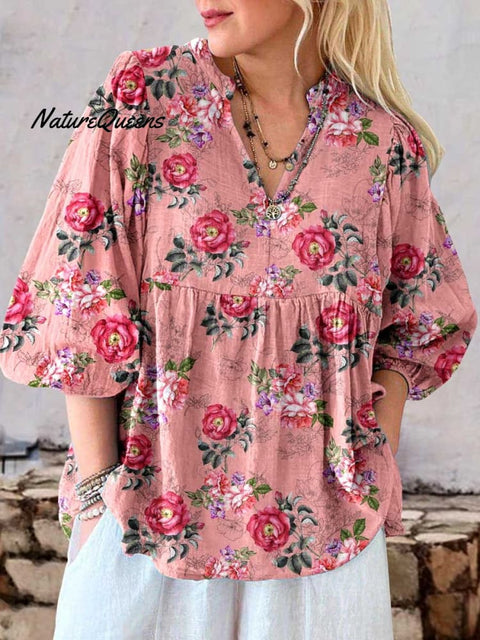 Women's Elegant Simple Rose Floral Pattern Linen Top