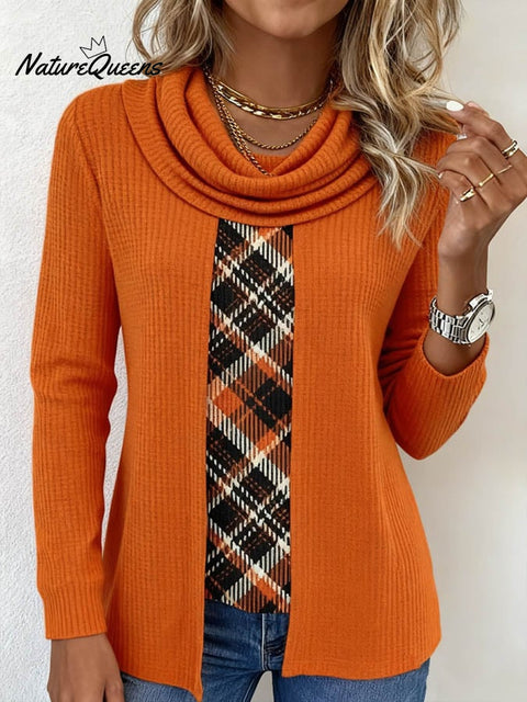Women's Contrast Knitted Plaid Contrast Color Panel Top
