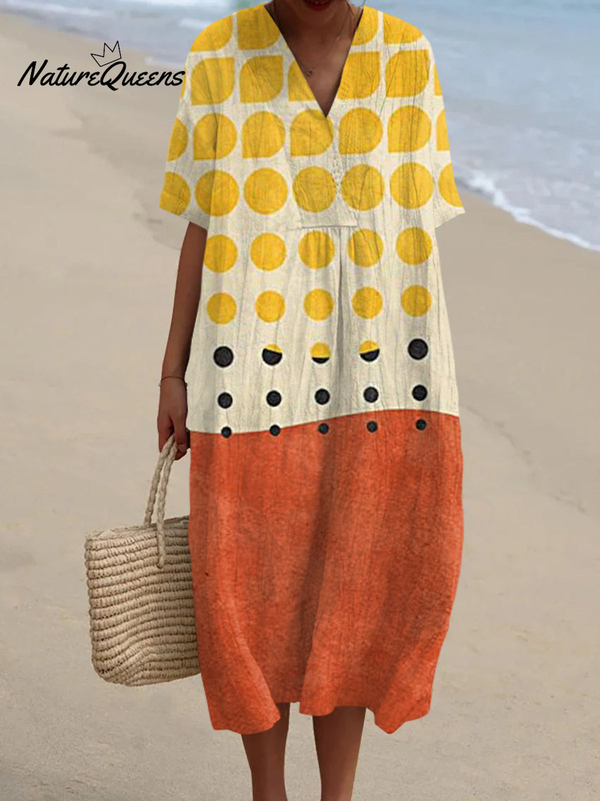 Bohemian Color Block Abstract Polka Dot Art Print V-Neck Midi Dress