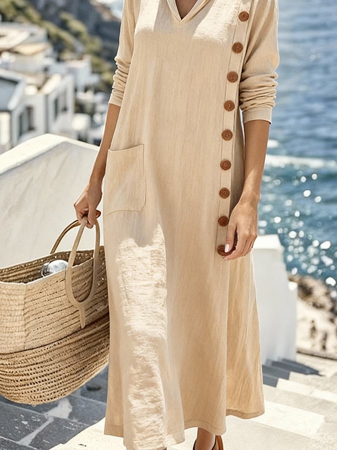 Women'S Casual V-Neck Solid Color Vacation Dress