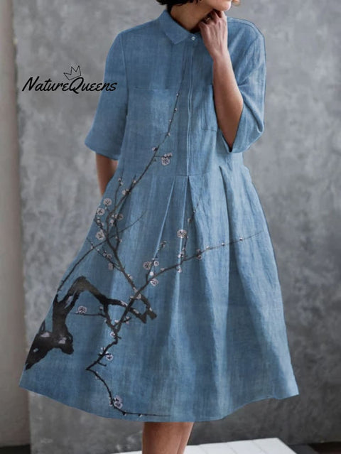 Japanese Simple Plum Blossom Casual Elegant Pocket Half Sleeve Dress