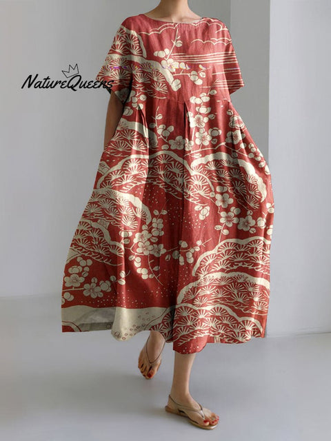 Japanese Art Plum Blossom Printed Crew Neck Casual Midi Dress