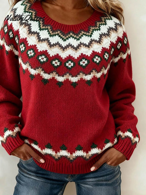 Women'S Casual Round Neck Christmas Color-Blocked Sweater