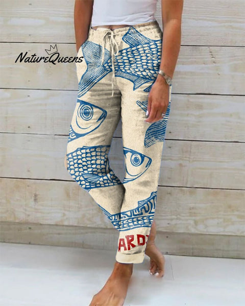 Artistic Sardines Print Loose Pants