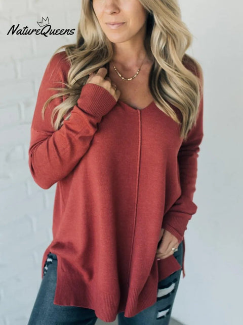 Women's Casual Front Seam Loose Knit Long Sleeve Top