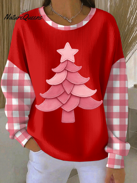 Women's Christmas Tree Print Knitted Crew Neck Long Sleeve Top