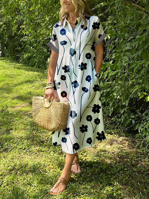 Black Floral Lapel Button Up Dress