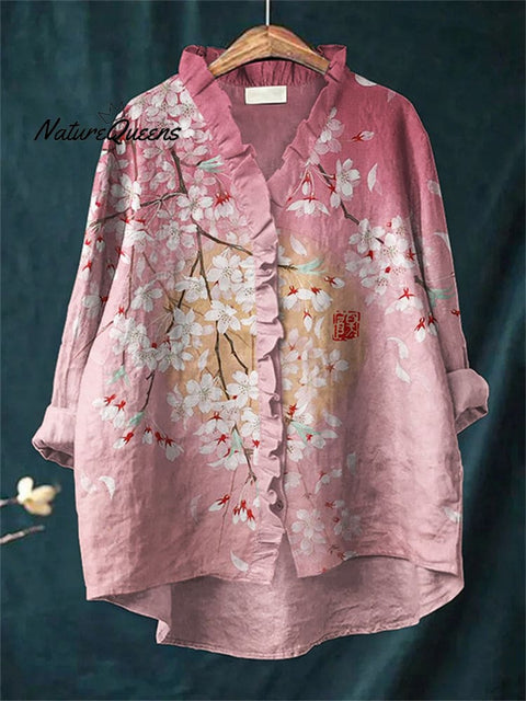 Pink Cherry Blossom Japanese Art Ruffle Trim Linen Blouse