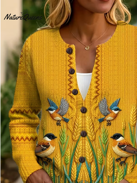 Women's Bird Print Crew Neck Button Cardigan