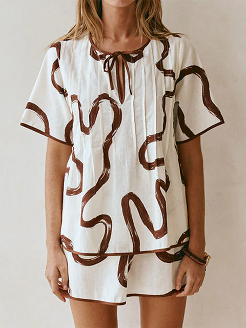 Marble Graffiti Cotton and Linen Top and Skirt Set