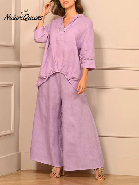 Women's Casual Solid Color Lace Splicing 7-point Sleeve V-neck Pleated T + Wide-leg Pants Set