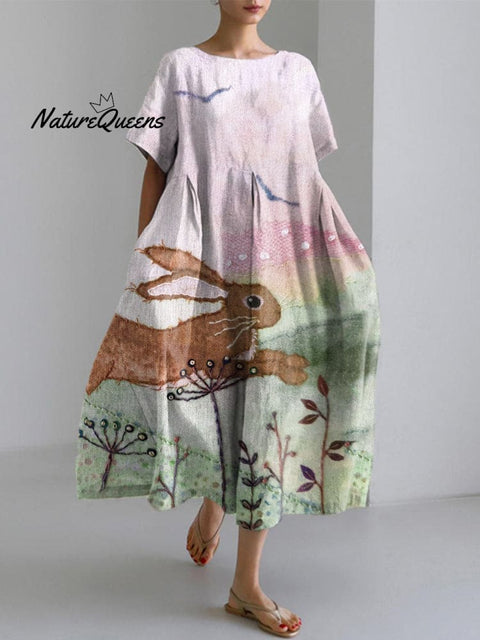 Women's Cute Bunny Embroidery Linen Blend Dress