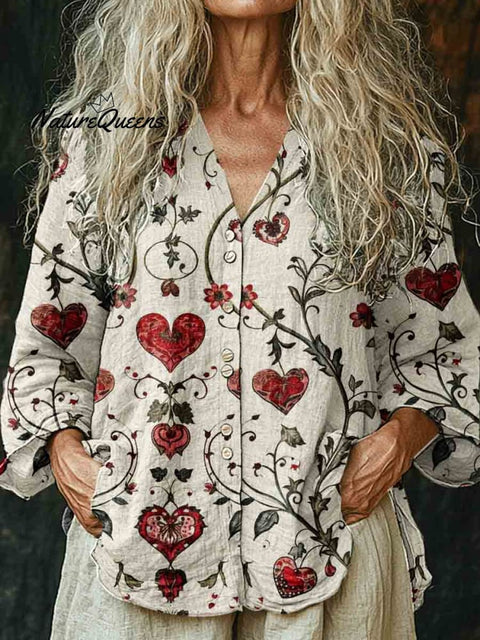 Women's Heart Floral Pattern Long Sleeve Comfortable Cotton And Linen Shirt