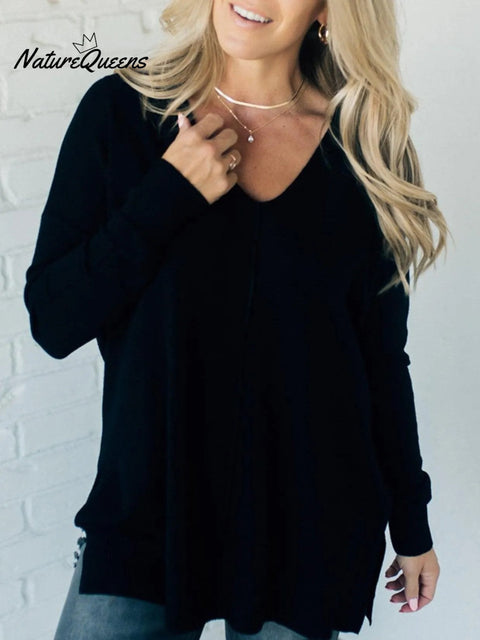 Women's Casual Front Seam Loose Knit Long Sleeve Top