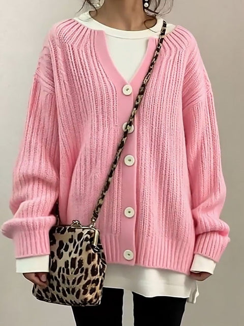 Women'S Casual Round Neck Solid Color Sweater Jacket