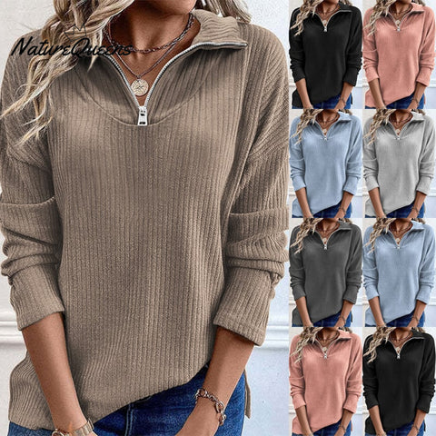 Women'S Solid Color Zipper Stand Collar Casual Blouse
