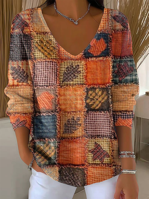 Women's Casual Pumpkin Floral Long Sleeve T-Shirt