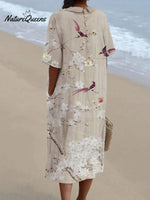 Women's Japanese Art Floral Bird Print Pocket Linen Dress(Convertible Dress With Front And Back Option)
