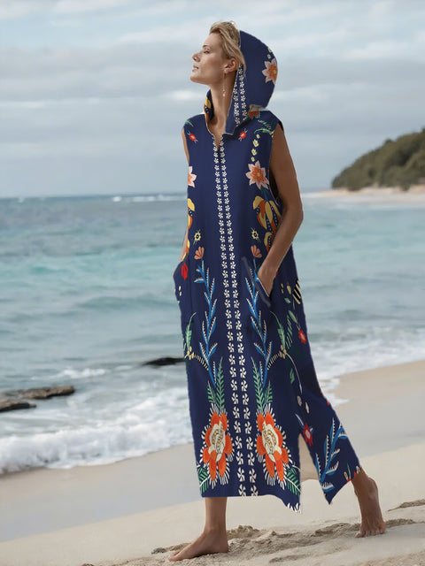 Ethnic Printed Cotton Hooded Women's Dress