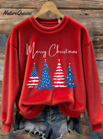 Women's Patriotic Christmas Tree With American Flag Colors Print Round Neck Sweatshirt