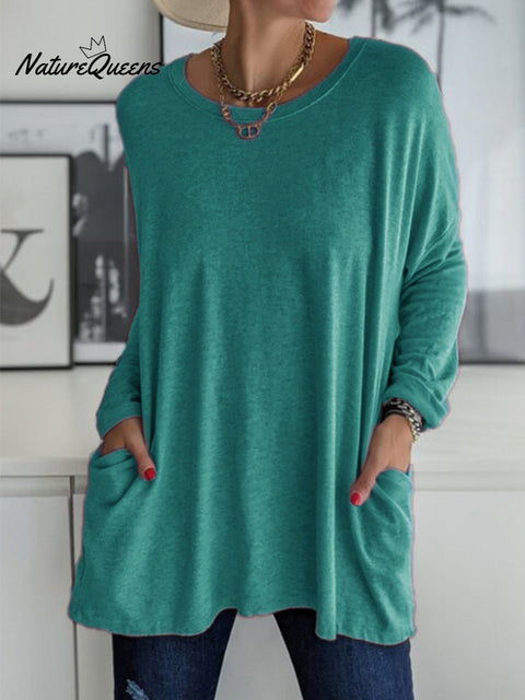 Solid Pocket Round Neck Long Sleeve T Shirt