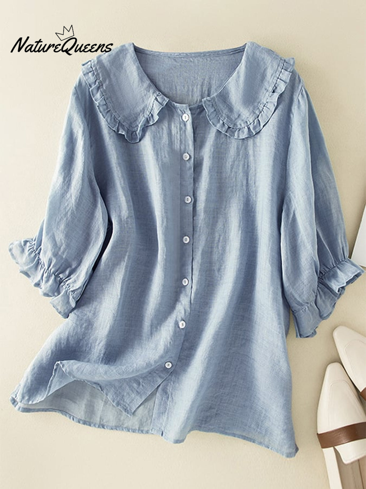 Cotton Linen Loose Peter Pan Ruffles Neck Shirt Blue / M