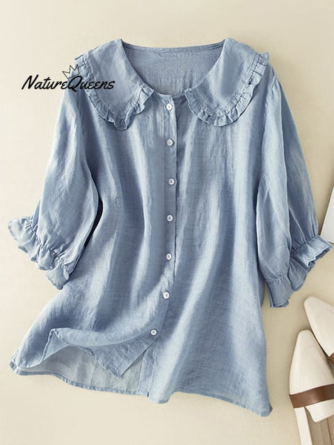 Cotton Linen Loose Peter Pan Ruffles Neck Shirt Blue / M