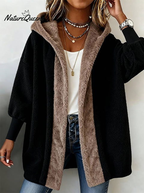 Women'S Contrasting Suede Hooded Loose Cardigan Jacket