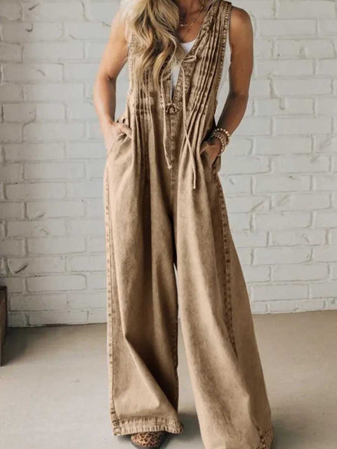 Women's Vest-style Tie-down Pleated Jumpsuit