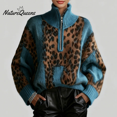 Women's Blue Leopard Print Half-Zip Stand Collar Long Sleeve Loose Knit Sweater