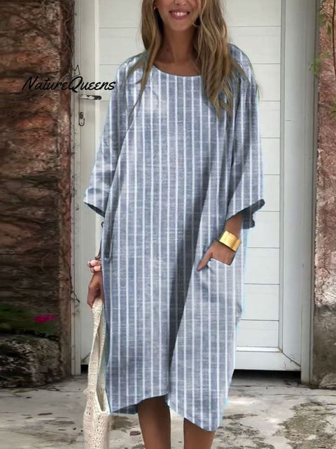 Women's Casual Striped Slant Pocket Round Neck Dress