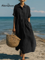 Women's Casual Cotton and Linen Peter Pan Collar Short Sleeve Dress