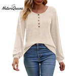 Women's Fall Button Scoop Neck Puff Long Sleeve Henley Shirts
