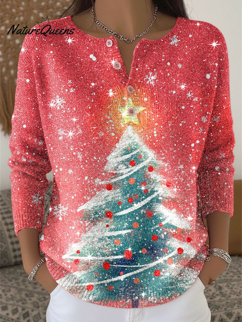 Christmas Tree Pattern Print Henley Neck Sparkling Sequin Sweater