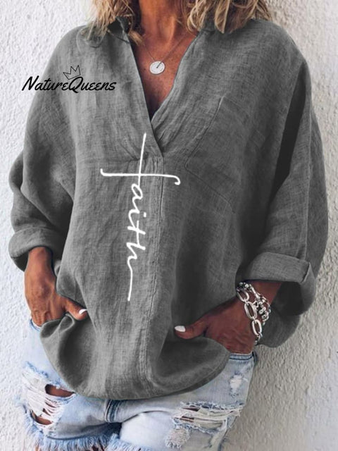 Women's Faith Printed Casual Long Sleeve V-Neck Cotton And Linen Shirt