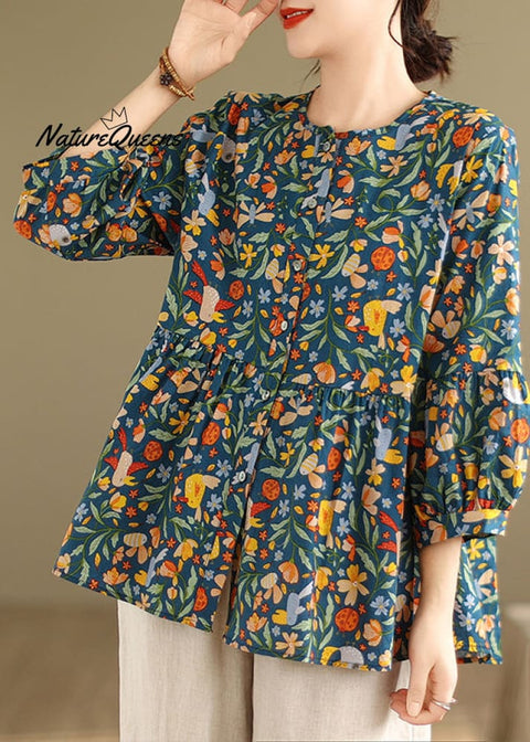 DIY Green Print Cotton A Line Shirt Tops Spring