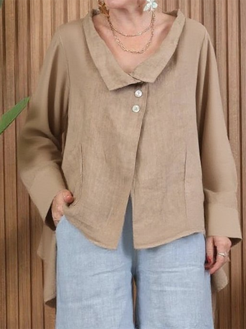 Lapel Buttoned Irregular Hem Linen Top