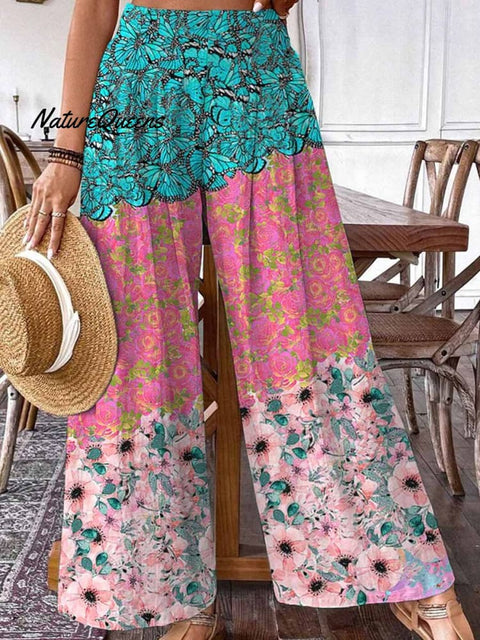 WWomen's Summer Floral Print Pattern Cotton Wide Leg Pants