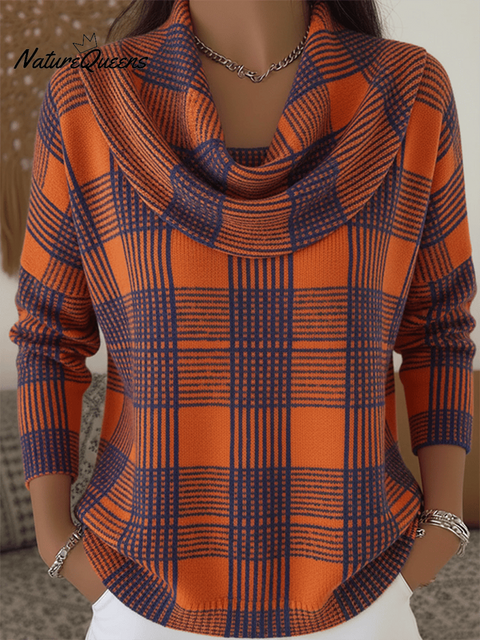 Women'S Casual Plaid Sweater With Special Collar