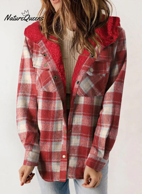 Women's Casual Fashion Fur Plaid Hooded Jacket
