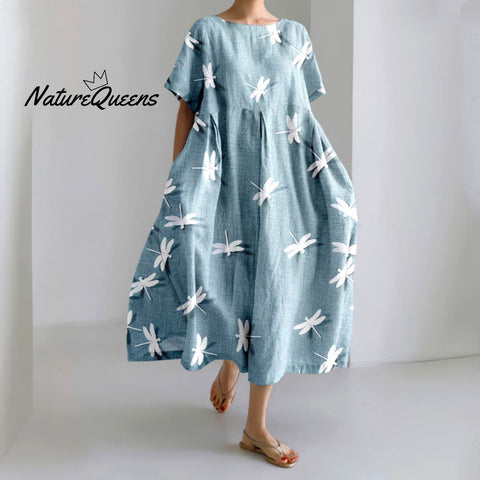 Japanese Dragonfly Sky Art Linen Blend Casual Dress