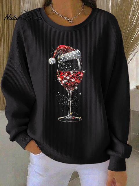 Women's Retro Christmas Red Wine Glass Print Round Neck Sweatshirt