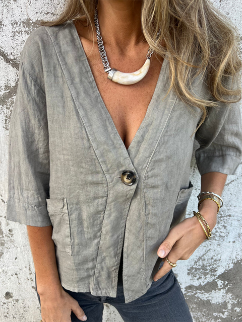 Women's V-neck Button-down Linen Jacket