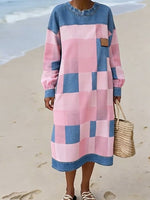 Women'S Casual Color-Block Denim Patchwork Printed Dress
