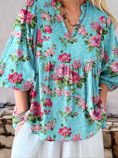 Women's Elegant Simple Rose Floral Pattern Linen Top