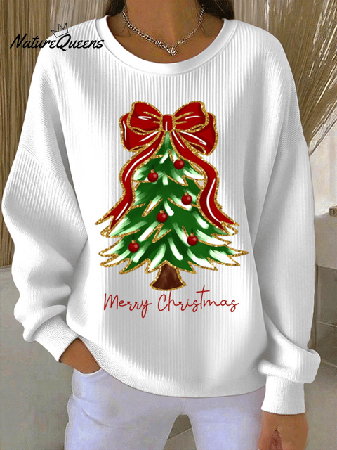Women's Christmas Tree Print Knitted Crew Neck Long Sleeve Top