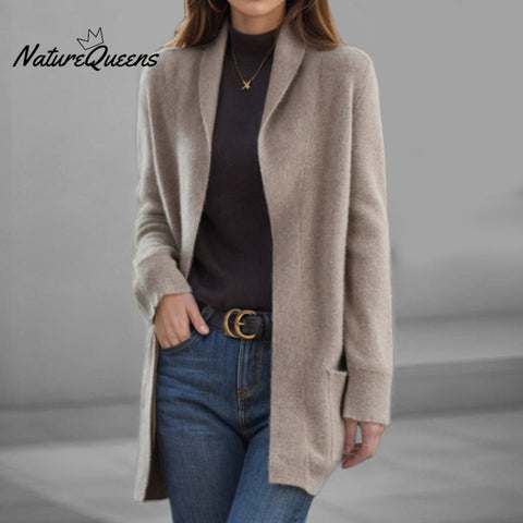 Women's Knitted Lapel Collar Long Sleeve Patch Pockets Mid-Length Sweater Cardigan
