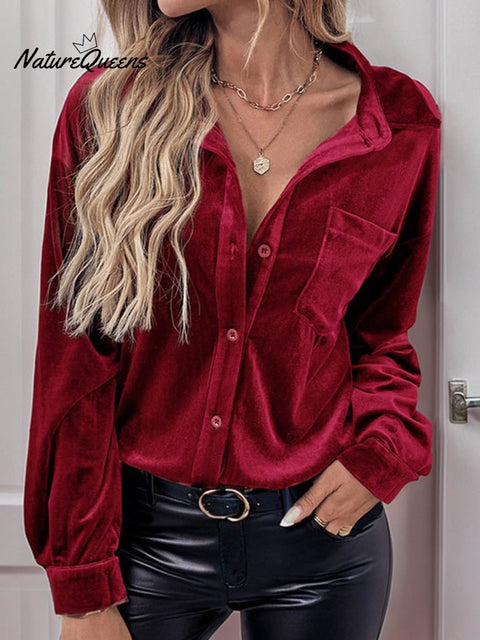 Women'S Casual Lapel Long-Sleeved Velvet Top