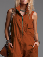 Fashionable Retro Stand-up Collar Zipper Sleeveless Jumpsuit